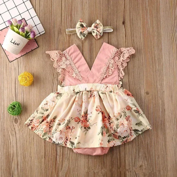 Newborn Baby Girl Summer Lace Romper Dress – Floral Flying Sleeve Jumpsuit with Headband (0-18 Months)