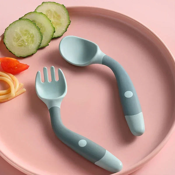 Baby Children Spoon & Fork Set - Soft Bendable Silicone Scoop Fork Kit, Toddler Training Feeding Cutlery, Baby Utensils Tableware