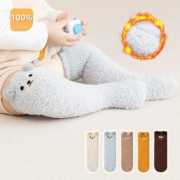Baby Coral Velvet Socks – Warm Plush Knee-High Stockings with Cute Bear Design (0-5 Years)