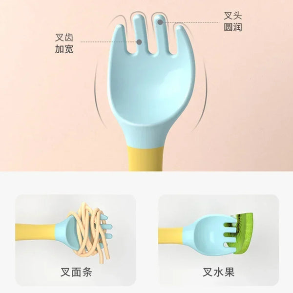 Baby Children Spoon & Fork Set - Soft Bendable Silicone Scoop Fork Kit, Toddler Training Feeding Cutlery, Baby Utensils Tableware