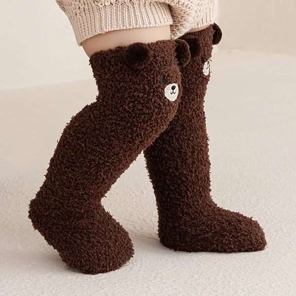 Baby Coral Velvet Socks – Warm Plush Knee-High Stockings with Cute Bear Design (0-5 Years)