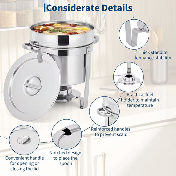 2-Pack 7-Quart Stainless Steel Round Soup Chafing Dish Set