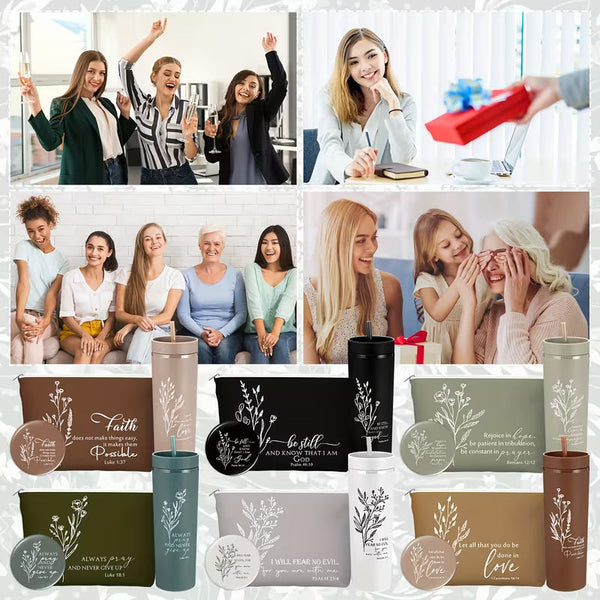 6-Piece Christian Gift Set for Women, Bible Verse Skinny Tumbler with Lid and Straw, Cosmetic Bag, Compact Mirror and Religious Accessories, Inspirational Gift Set for Mom, Teacher, Nurse, Godmother and Church Friends