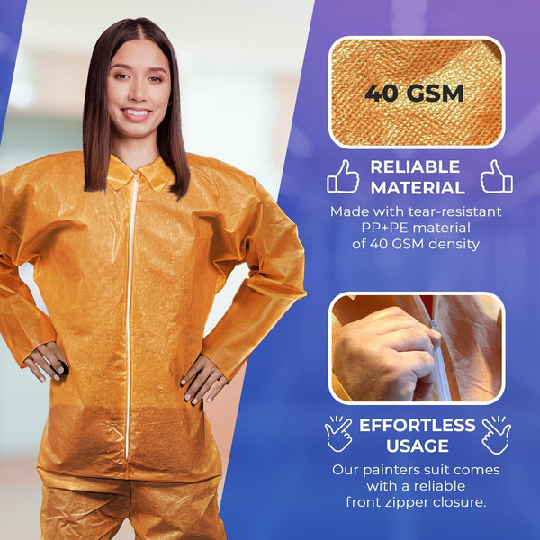 Orange Disposable Coveralls for Men Women 4X Large Pack of 5 Hazmat Suits Disposable Breathable PP PE 40 GSM Painters Coveralls Paint Suit with Open Wrists Ankles Front Zipper