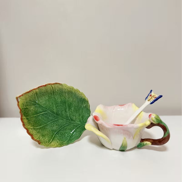 Hand-Painted 3D Tulip Ceramic Tea Cup & Saucer Set – 5 oz Floral Coffee Cup with Leaf Saucer & Spoon