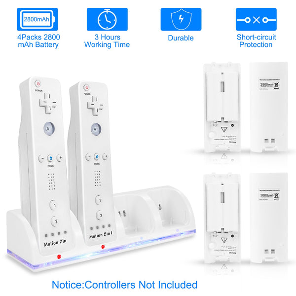 4 Remotes Charging Dock Game Controller Charger 2800mAh Rechargeable Battery Charging Stations w/ LED Indicator for Wii Nintendo
