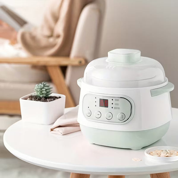 Smart Electric Ceramic Slow Cooker with Steamer Basket – Multifunctional Cooking Pot with 24-Hour Programmable Timer