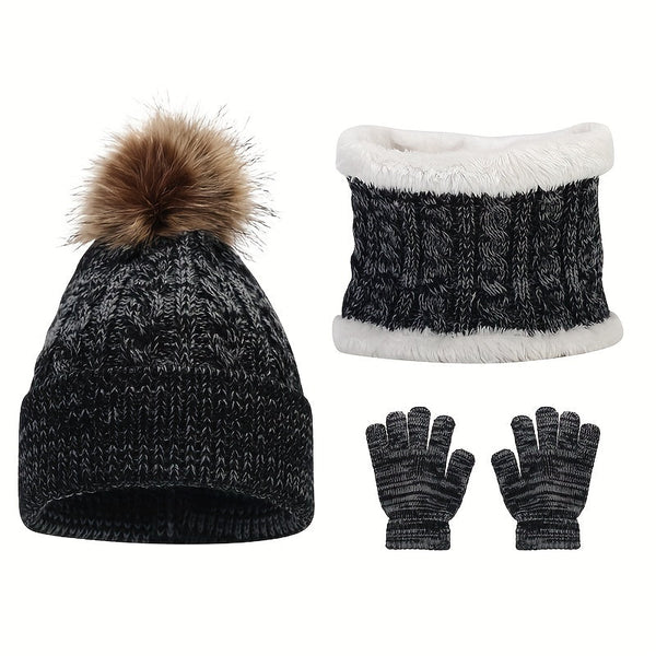 3-Piece Set – Children's Warm Hat, Scarf & Gloves – Autumn & Winter Plus Velvet, Mixed Color Knitted Set