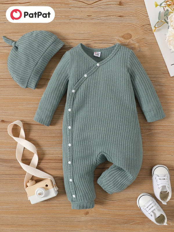 PatPat 2pcs Baby Boy/Girl Rib Knit Jumpsuit – Button Front Long-Sleeve Romper with Matching Hat Set