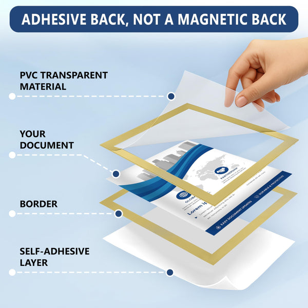 12 Pack Magnetic Sign Holder 8.5 x 11 inch with Adhesive Back Gold Magnetics Poster Frame Magnetic Paper Holder Reusable Adhesive Frames Magnet Frame for Wall Windows Magnet Document Holders