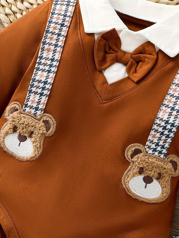 Hibobi Baby Boys' Gentleman Bear Pattern Romper Set – Polyester, Machine Washable (Spring/Fall, Outdoor Wear)