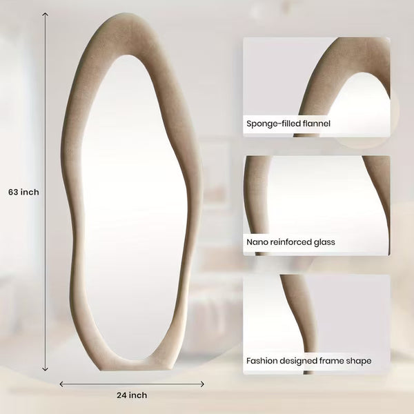 63" x 24" Irregular Full-Length Mirror – Full Body Floor & Wall-Mounted Mirror with Ivory Flannel Frame