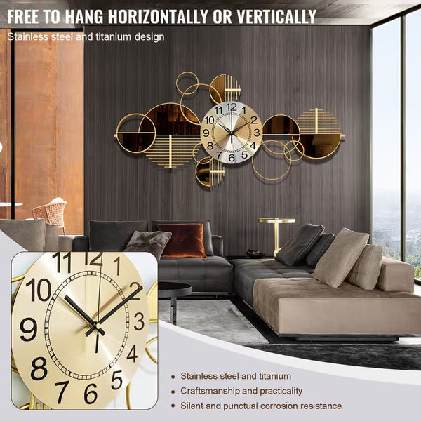 Large 3D Metal Wall Clock – 34" x 17" Modern Silent Decorative Clock for Living Room &amp; Bedroom