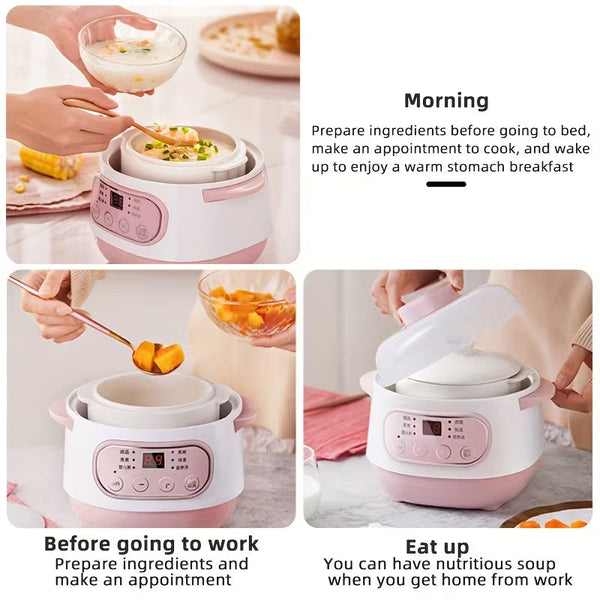 Smart Electric Ceramic Slow Cooker with Steamer Basket – Multifunctional Cooking Pot with 24-Hour Programmable Timer