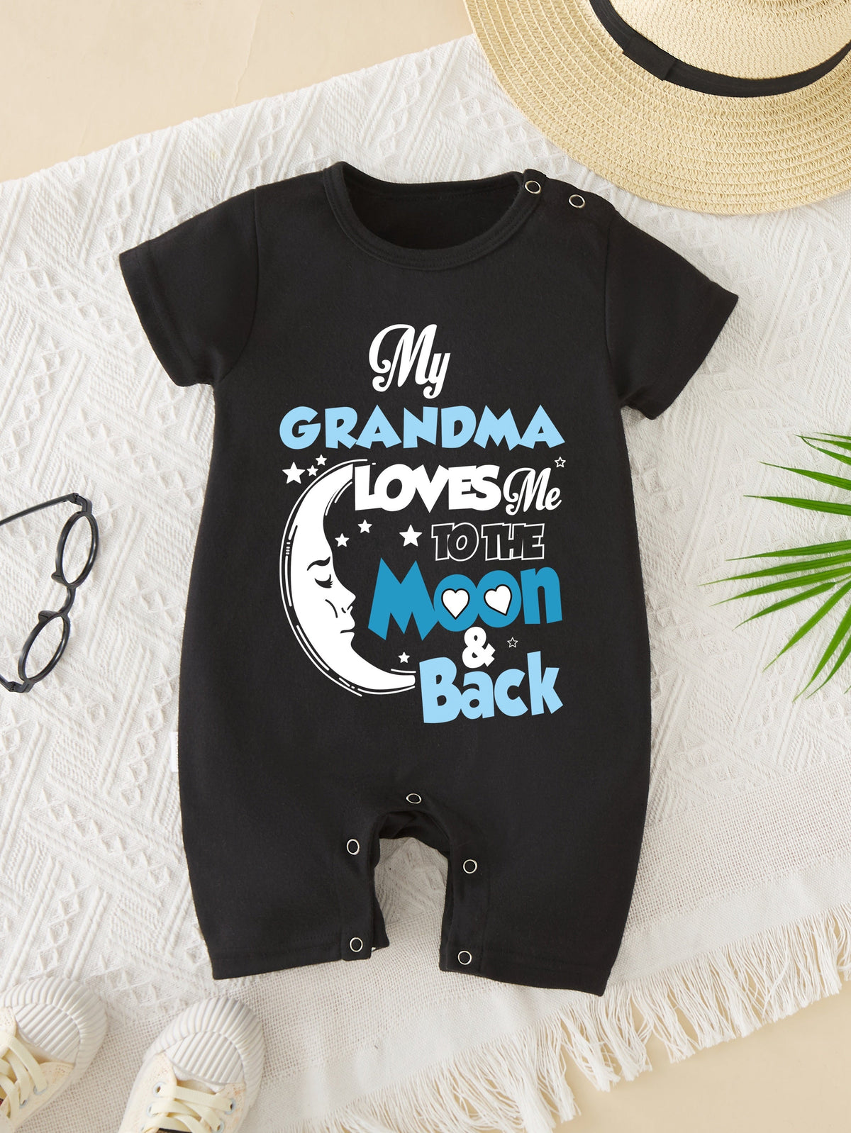Baby "My Grandma Loves Me To The Moon & Back" Print Romper – Casual Short Sleeve Bodysuit (Toddler & Infant, Summer Outdoor Wear)