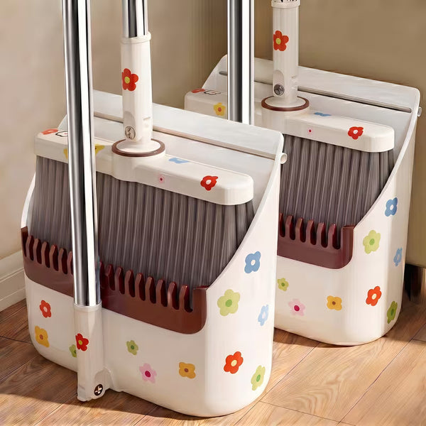 Upright Broom and Dustpan Set with Comb Teeth and Long Handle