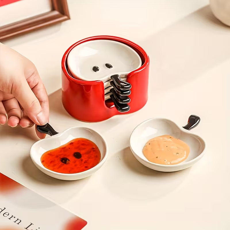 4-Piece Ceramic Snack &amp; Dip Dish Set with Holder – Cute Decorative Serving Plates for Sauces, Snacks &amp; Appetizers
