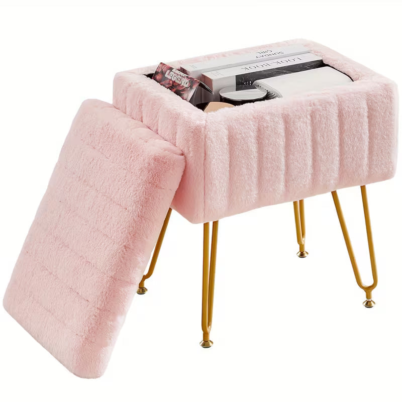Faux Fur Vanity Chair with Storage – Soft Furry Accent Stool with 4 Metal Legs &amp; Non-Slip Feet