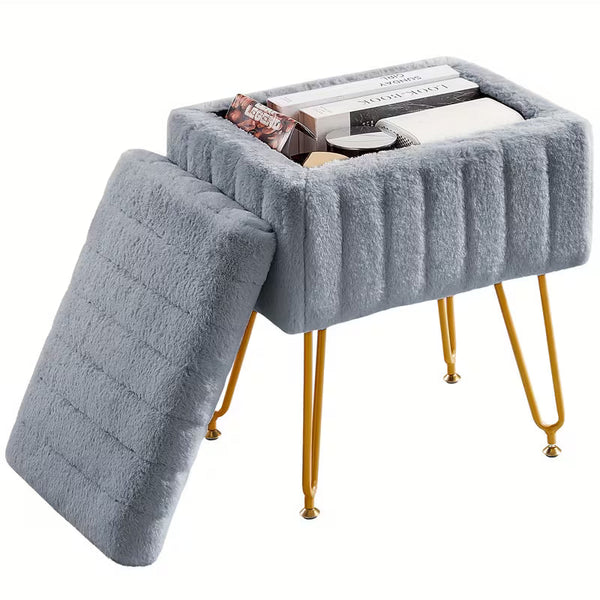 Faux Fur Vanity Chair with Storage – Soft Furry Accent Stool with 4 Metal Legs &amp; Non-Slip Feet