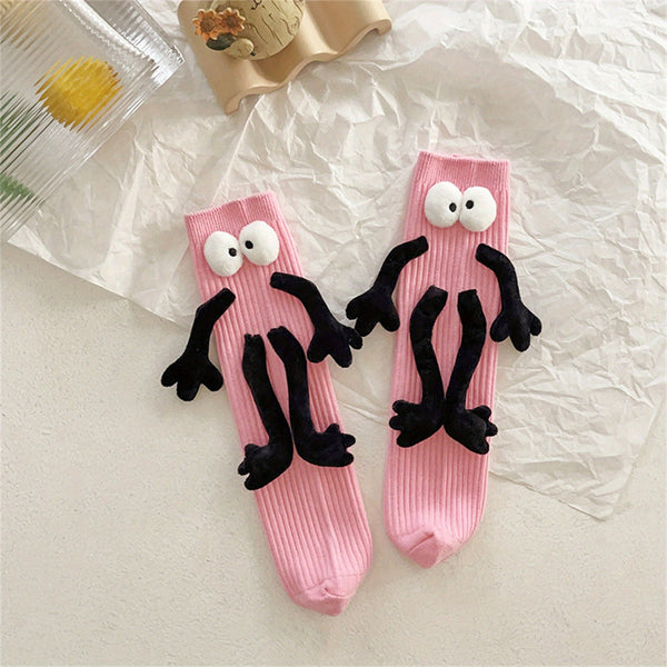 Adorable Cartoon Character Magnetic Hand-Holding Crew Socks for Youngsters - Soft Knit Fabric, Perfect for Boys & Girls