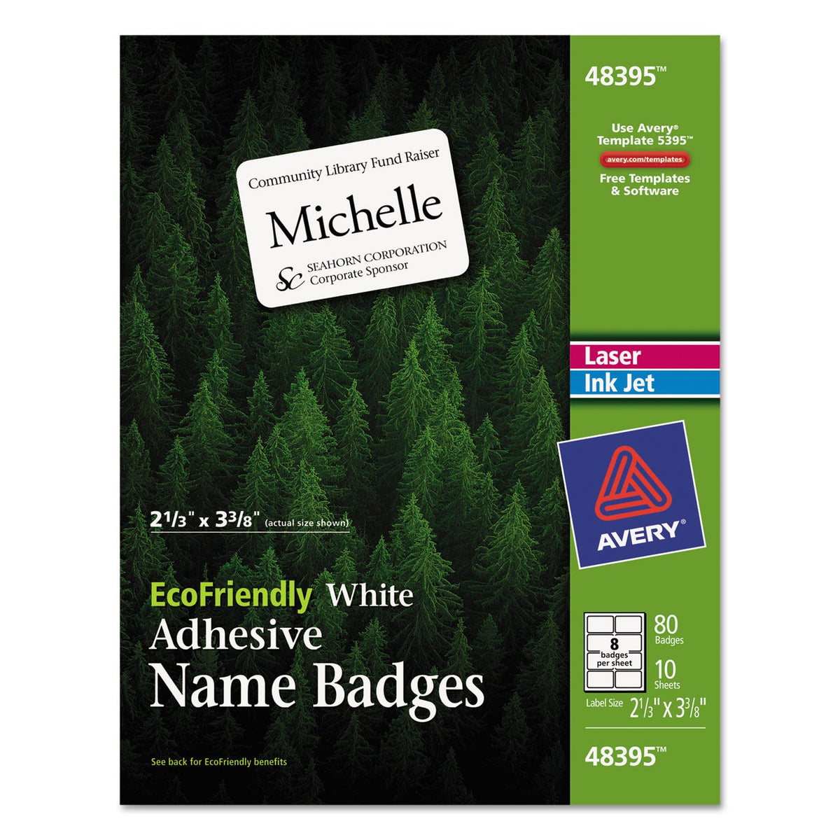 Avery EcoFriendly Adhesive Name Badge Labels, 3.38 x 2.33, White, 80/Pack