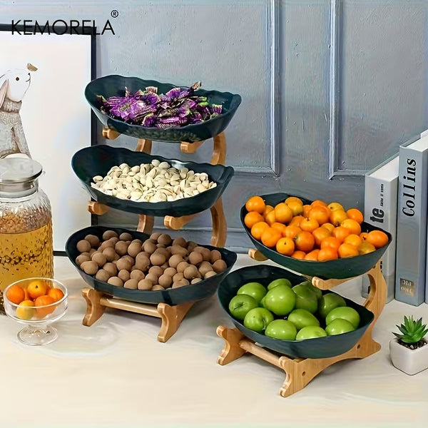 3-Tier Wooden Fruit &amp; Vegetable Basket with Wooden Legs – Multi-Level Kitchen Countertop Organizer for Fresh Produce &amp; Pantry Storage