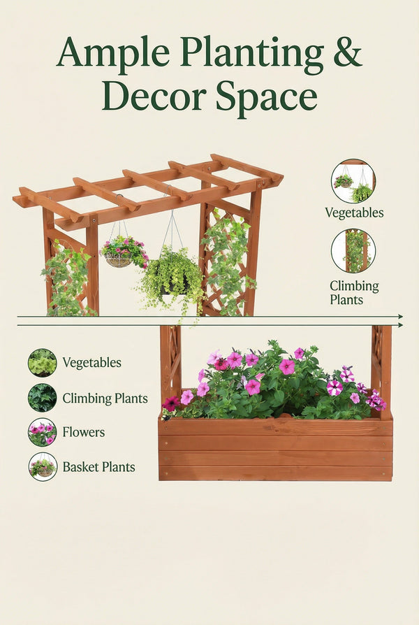 Raised Wooden Planter Box with Tall Trellis for Climbing Plants