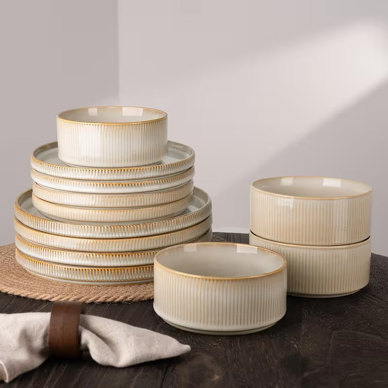 12-Piece Cappuccino White Stoneware Dinnerware Set