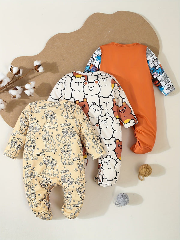 3-Pack Boys' Knitted Rompers – Cartoon Lion, Dinosaur & Bear Prints, Button Detail, Regular Fit (All-Season Baby Clothing, Outdoor Wear)