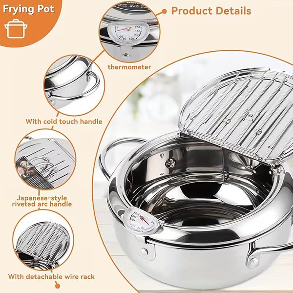 Stainless Steel Japanese Deep Fryer Pan with Thermometer – Induction Compatible Frying Pot for Home Kitchen