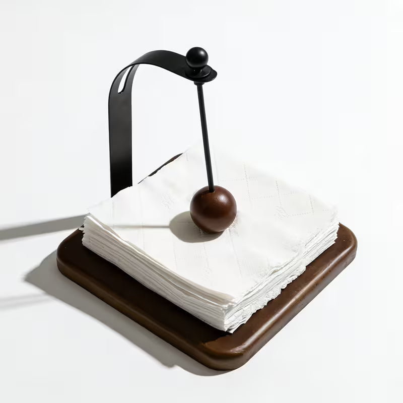 Modern Metal Napkin Holder with Wooden Base – Elegant Black Tabletop Napkin Organizer with Decorative Spherical Knob