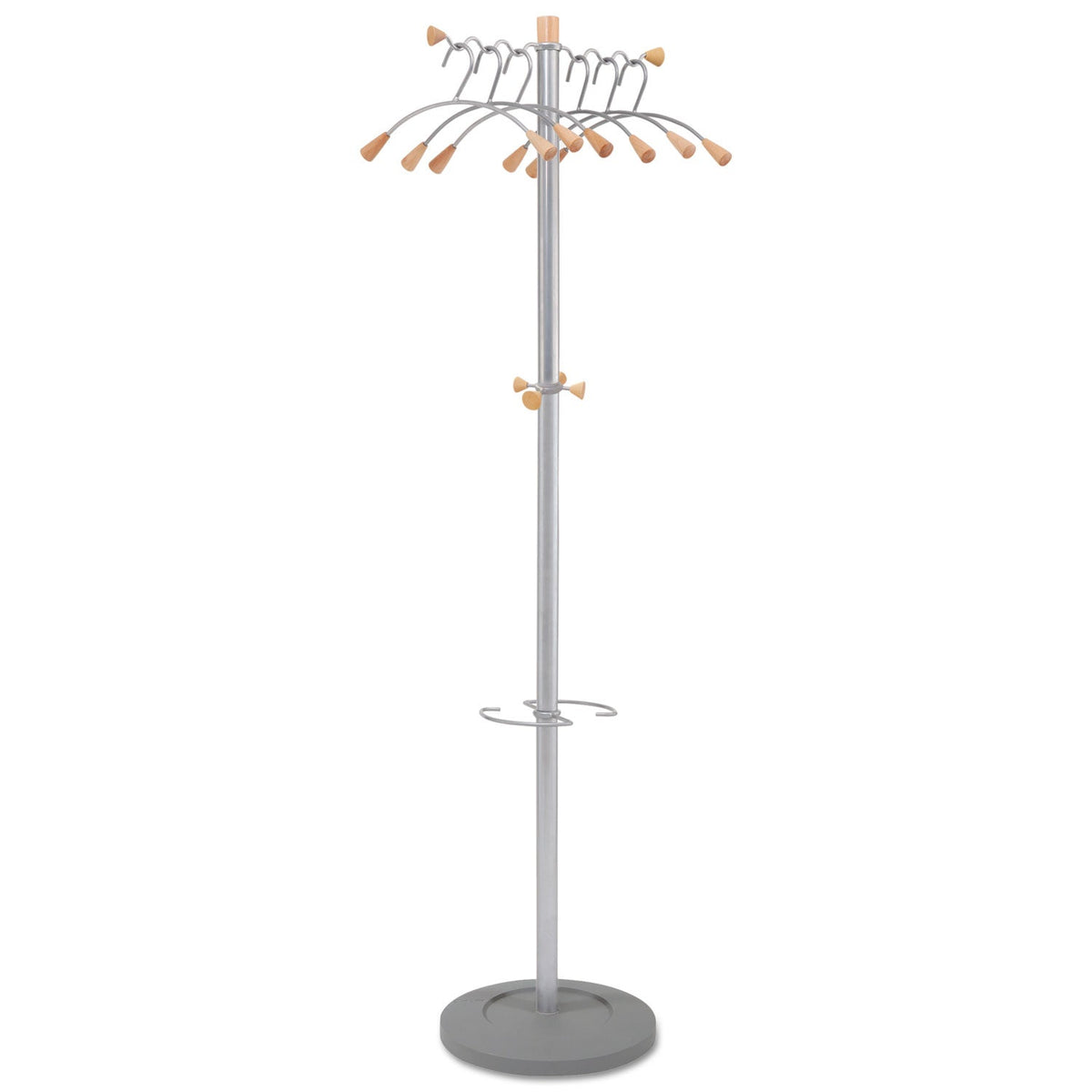Alba Wavy Coat Tree, Six Hangers/Two Knobs/Four Hooks, 18.88w x 14d x 68.5h, Silver/Wood