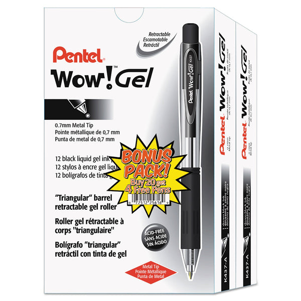 Pentel WOW! Gel Pen Bonus Pack, Retractable, Medium 0.7 mm, Black Ink, Clear/Black Barrel, 24/Pack
