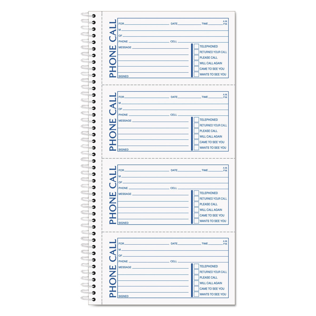 TOPS Spiralbound Message Book, Two-Part Carbonless, 2.75 x 5, 4/Page, 200 Forms