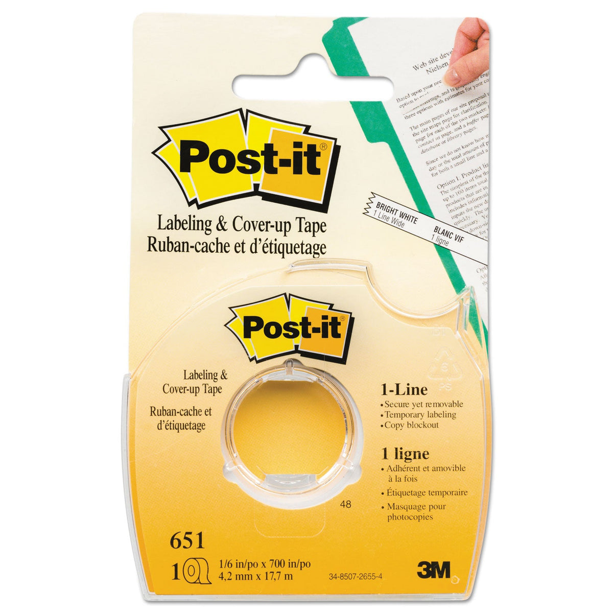 Post-it Labeling and Cover-Up Tape, Non-Refillable, Clear Applicator, 0.17" x 700"