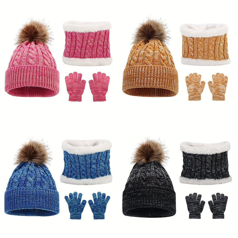 3-Piece Set – Children's Warm Hat, Scarf & Gloves – Autumn & Winter Plus Velvet, Mixed Color Knitted Set