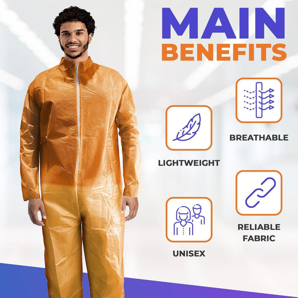 Orange Disposable Coveralls for Men Women 4X Large Pack of 5 Hazmat Suits Disposable Breathable PP PE 40 GSM Painters Coveralls Paint Suit with Open Wrists Ankles Front Zipper