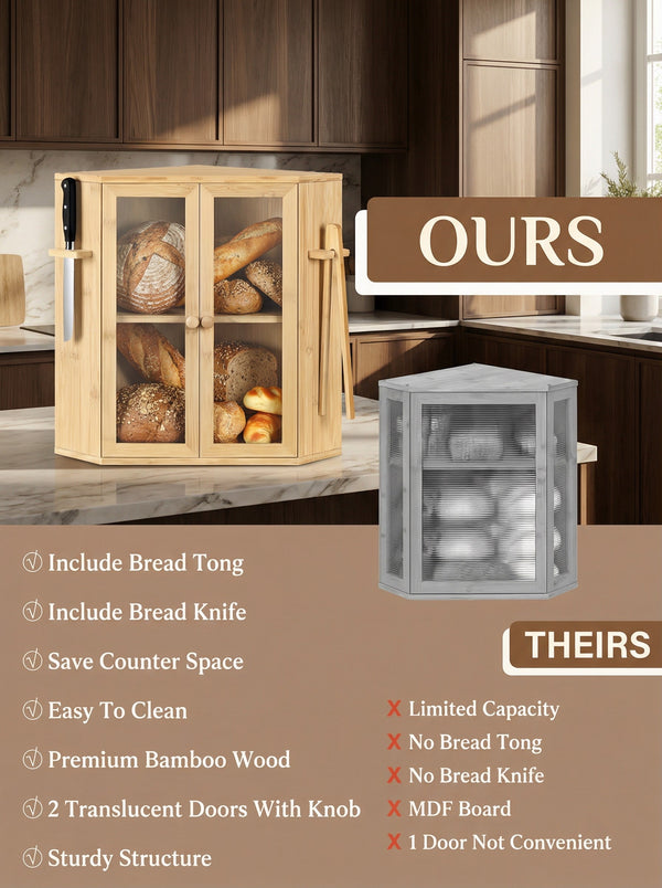 Bamboo Bread Box with Clear Doors – 2-Tier Kitchen Countertop Organizer