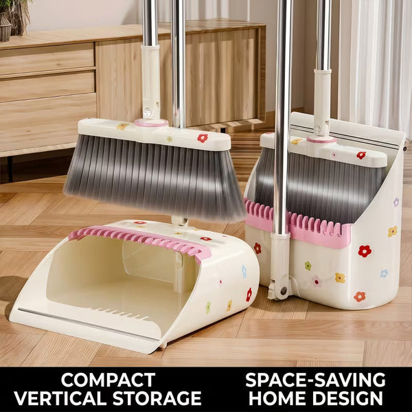 Upright Broom and Dustpan Set with Comb Teeth and Long Handle