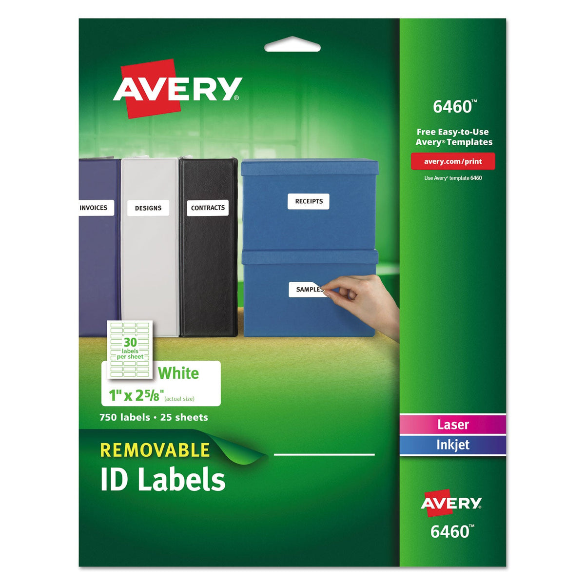 Avery Removable Multi-Use Labels, Inkjet/Laser Printers, 1 x 2.63, White, 30/Sheet, 25 Sheets/Pack
