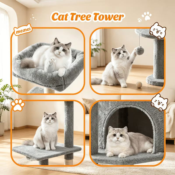44-Inch Multi-Level Cat Tree with Natural Sisal Scratching Posts, Large Hammock & Enclosed