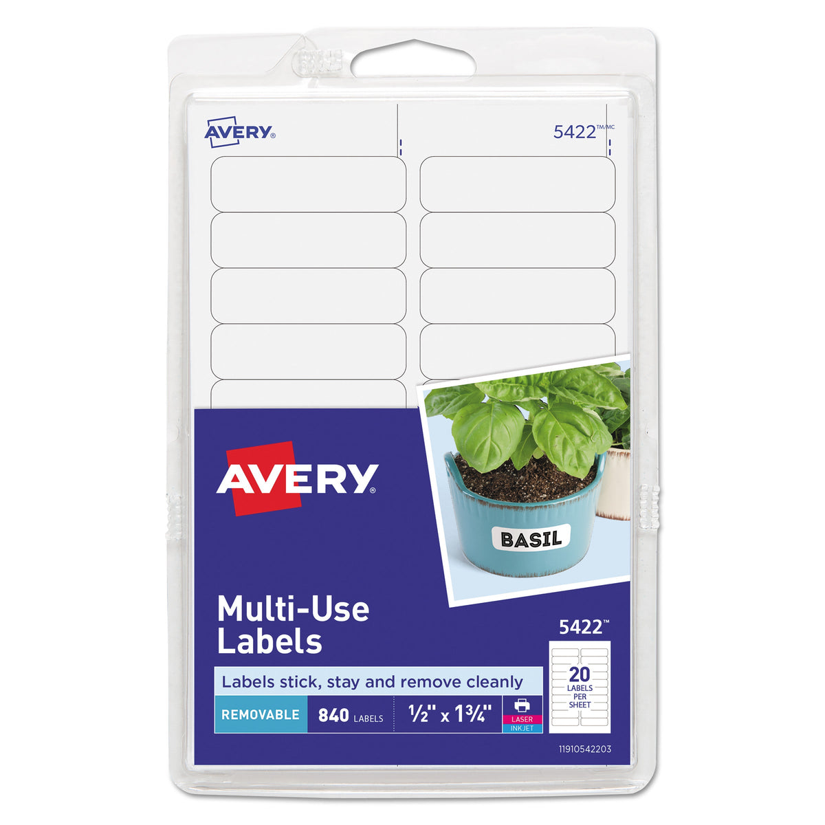 Avery Removable Multi-Use Labels, Inkjet/Laser Printers, 0.5 x 1.75, White, 20/Sheet, 42 Sheets/Pack, (5422)