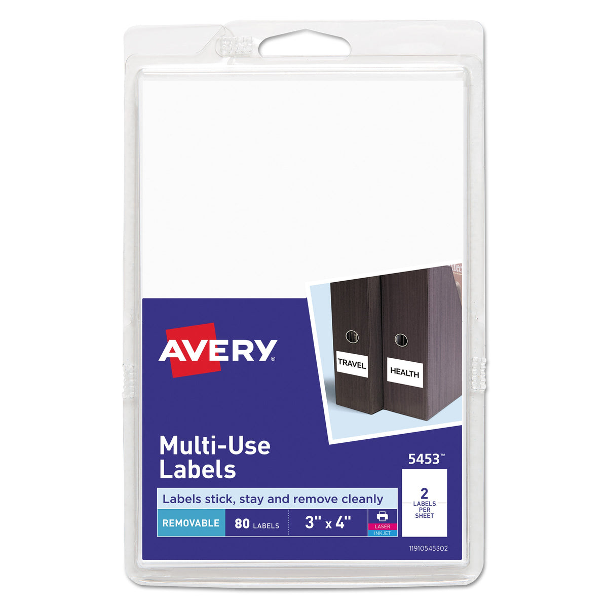 Avery Removable Multi-Use Labels, Inkjet/Laser Printers, 3 x 4, White, 2/Sheet, 40 Sheets/Pack, (5453)