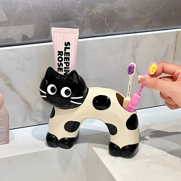 Cute Spotted Cat Ceramic Toothbrush Holder – Multipurpose Organizer for Electric Toothbrushes, Makeup Brushes &amp; Pens