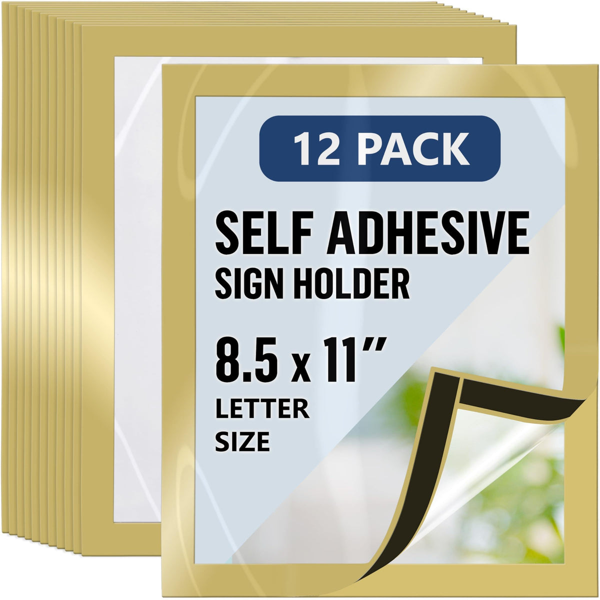 12 Pack Magnetic Sign Holder 8.5 x 11 inch with Adhesive Back Gold Magnetics Poster Frame Magnetic Paper Holder Reusable Adhesive Frames Magnet Frame for Wall Windows Magnet Document Holders
