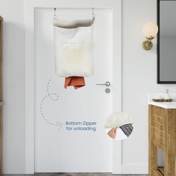 The Fine Living Co. Hanging Laundry Hamper with Over Door Hooks & Adhesive Durable Space Saving Laundry Bag with Zipper and Wide Open Top Hanging Dorm Laundry Hamper 18 x4.75 x28 (Beige L)