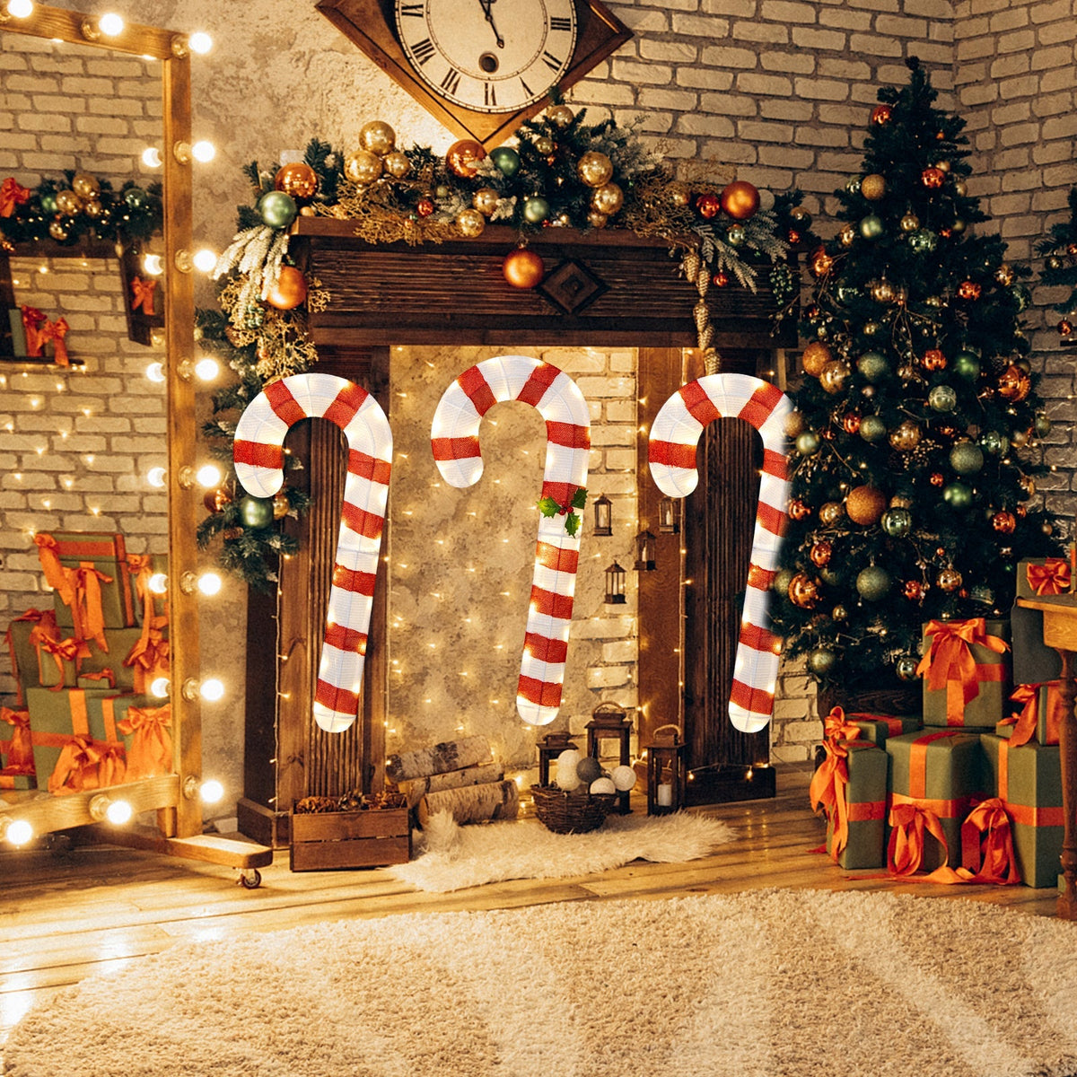 3 Pieces Pre-Lit Candy Canes with 75 LED Lights and Ground Stakes