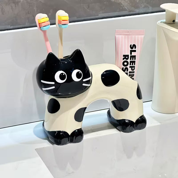 Cute Spotted Cat Ceramic Toothbrush Holder – Multipurpose Organizer for Electric Toothbrushes, Makeup Brushes &amp; Pens