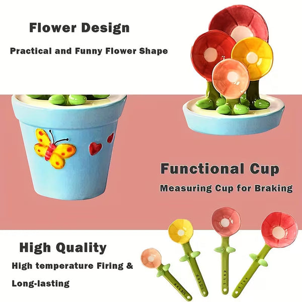 Flower-Shaped Ceramic Measuring Spoon Set with Holder – Decorative Porcelain Kitchen Spoons in Flower Pot Design