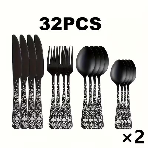 Gothic Skull & Rose Stainless Steel Flatware Set – 16/24-Piece Cutlery Service for 4 or 6